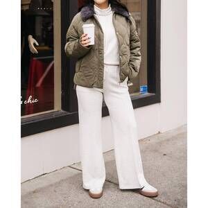 NEW ICHI contrast collar puffer jacket in olive